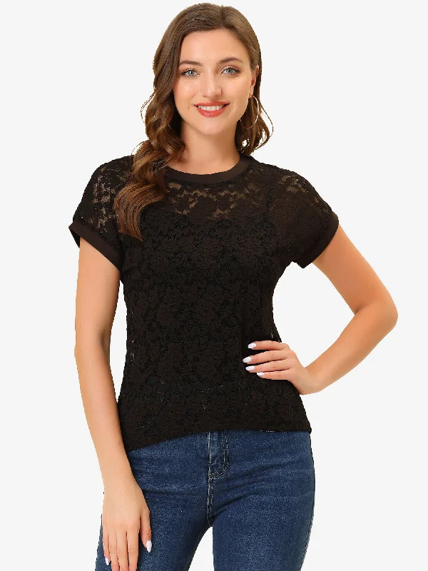 Lace Floral Curved Hem Short Sleeve See Through Blouse