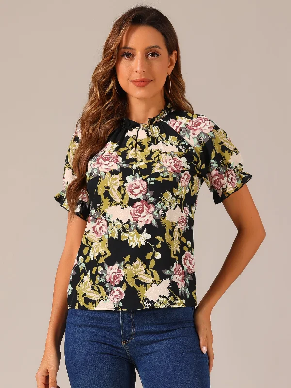 Ruffled Short Sleeve Floral Print Mock Neck Blouses