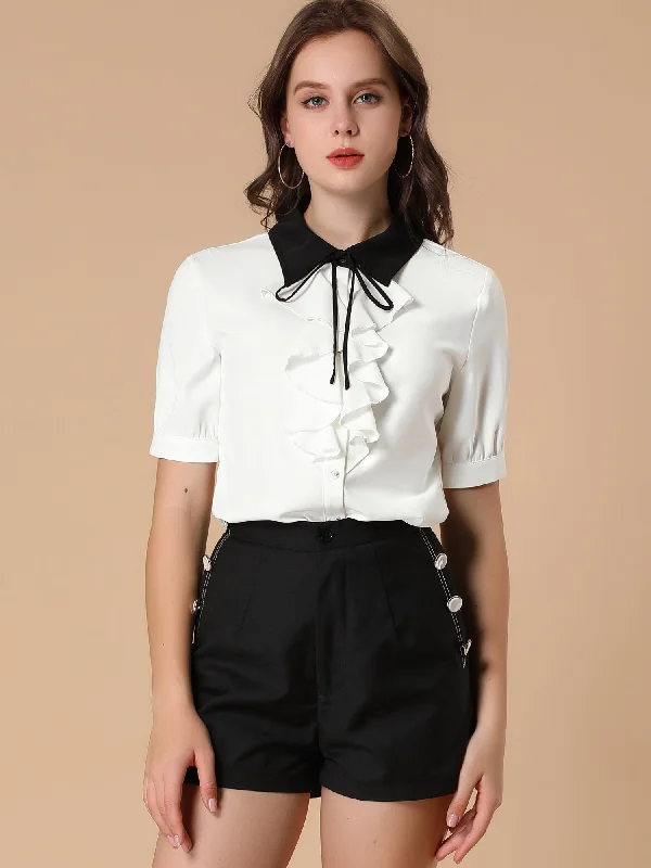 Contrast Collar Tie Ruffle Front Button Short Sleeve Work Shirt