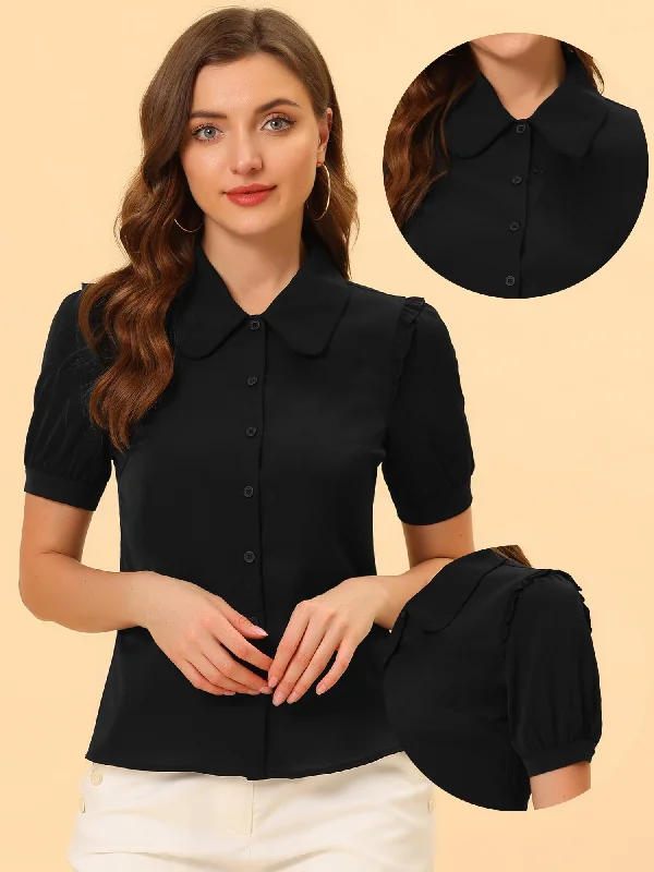 Work Collared Peter Pan Collar Short Sleeve Button Front Shirt