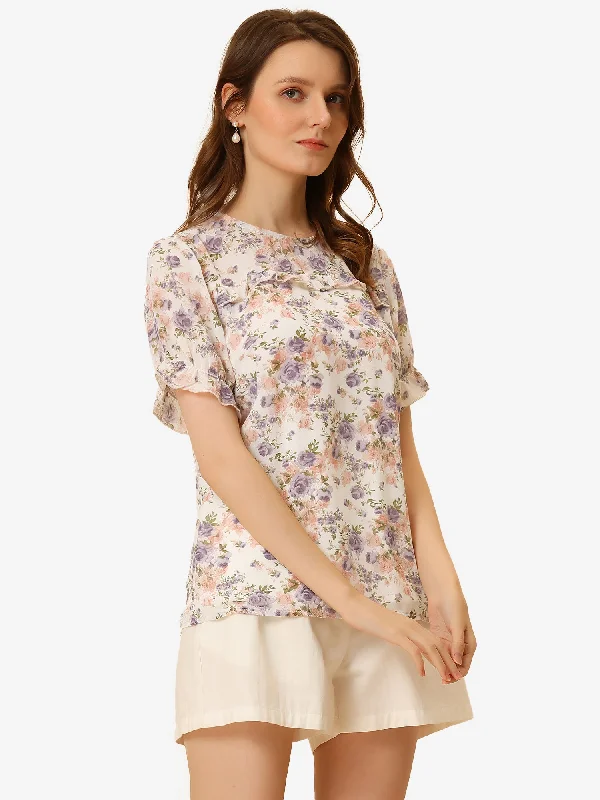 Chiffon Short Sleeve Ruffled Trim Floral Blouse Top