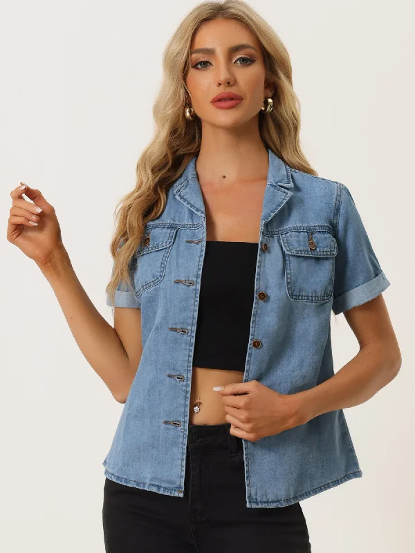 Button Up Collared Short Sleeve Pocket Classic Denim Shirt