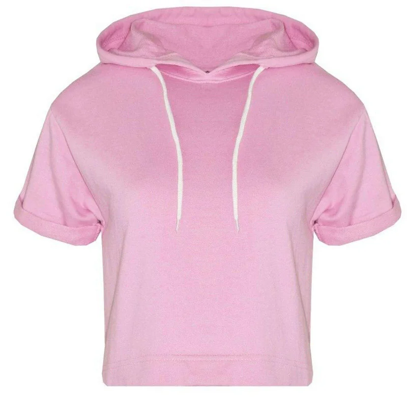 Plain Short Sleeve Hooded Sweatshirt Top