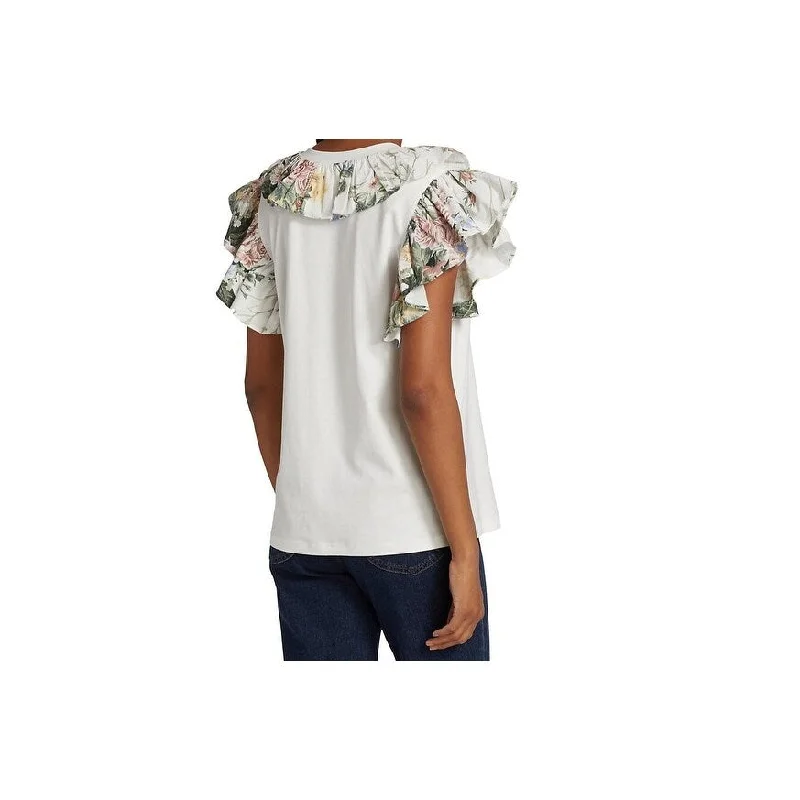 See by Chloe Womens Floral Ruffle Trim White Short Sleeve Cotton Tee Shirt