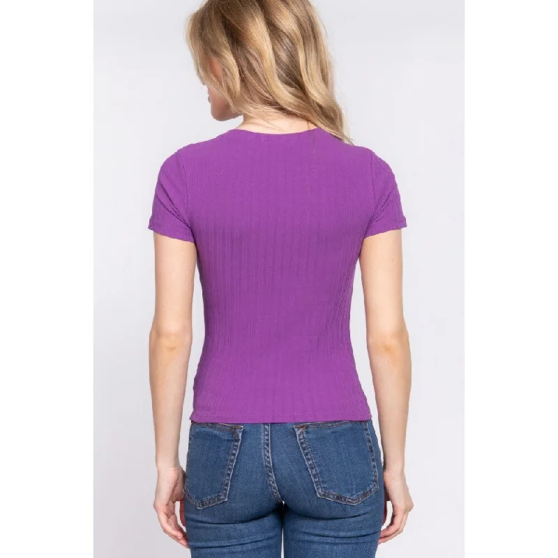 Short Sleeve Crew Neck Variegated Rib Knit Top