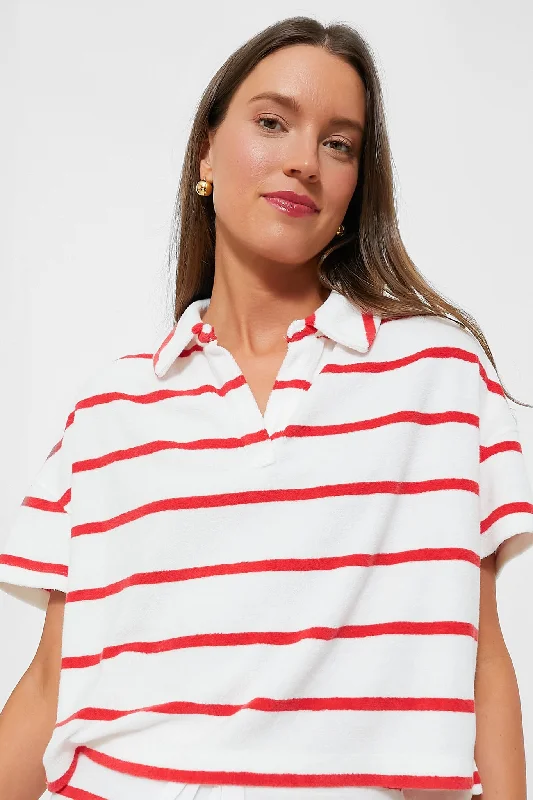 White and Flame Stripe Terry Towel Relaxed Polo