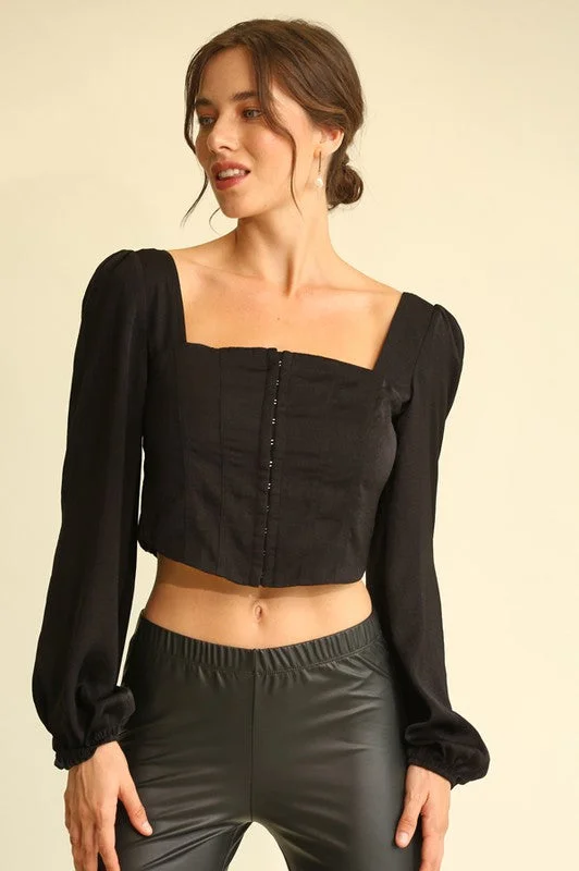 Black Satin Square Neck Hook and Eye Crop Top