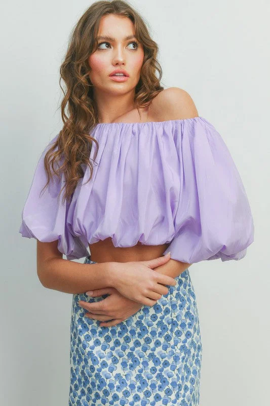 Purple Bubble Sleeves Crop Short Sleeve Top