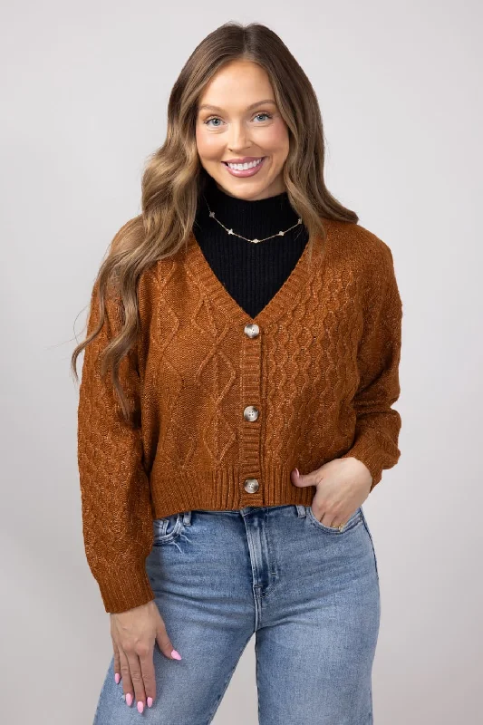 Button Front Cable Knit Cropped Cardigan for Women in Cinnamon | LF2S43466-CIN