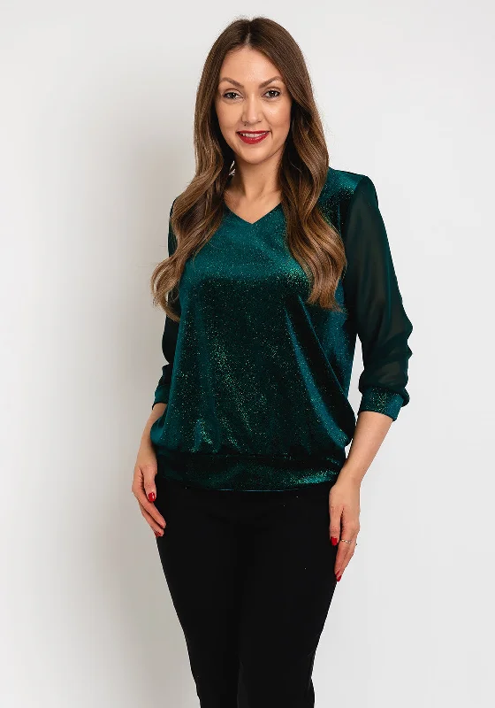 Leon Collection V-Neck Shimmer Blouse, Forest Green