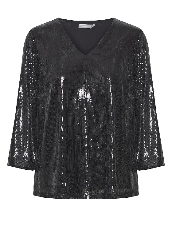 Fransa Drusilla V-Neckline Sequin Top, Black