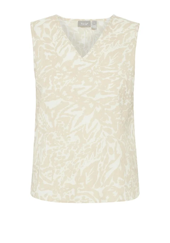 Fransa Maddie V-Neck Linen Print Top, Arctic Wolf Mix