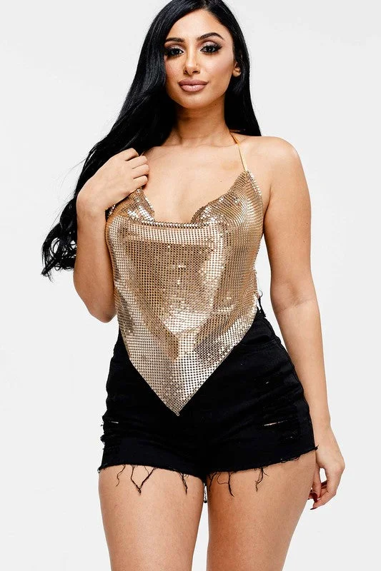 Gold Metal Backless Cowl Neck Crop Top