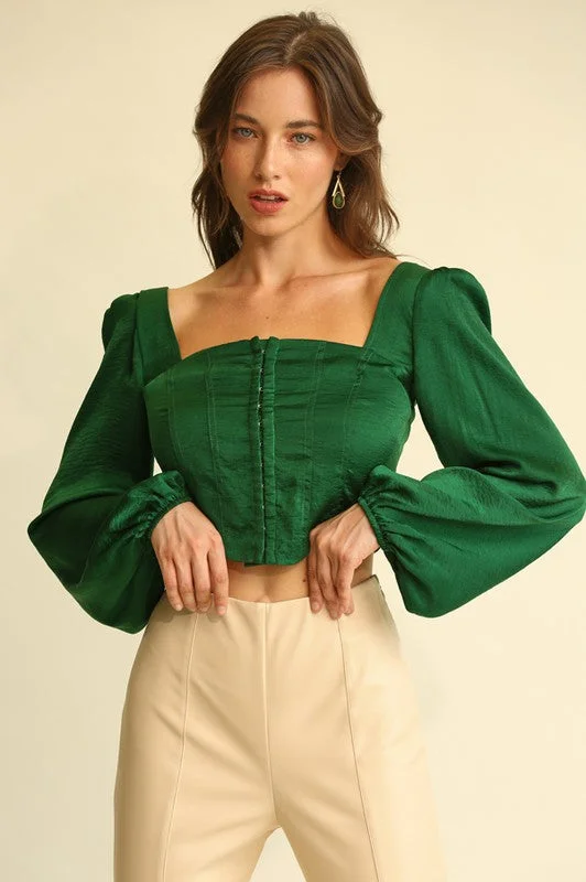 Green Satin Square Neck Hook and Eye Crop Top