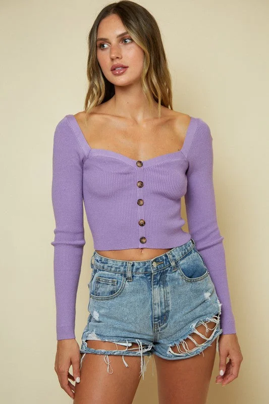 Light Purple Heart Neck Button Detail Sweater Crop Top