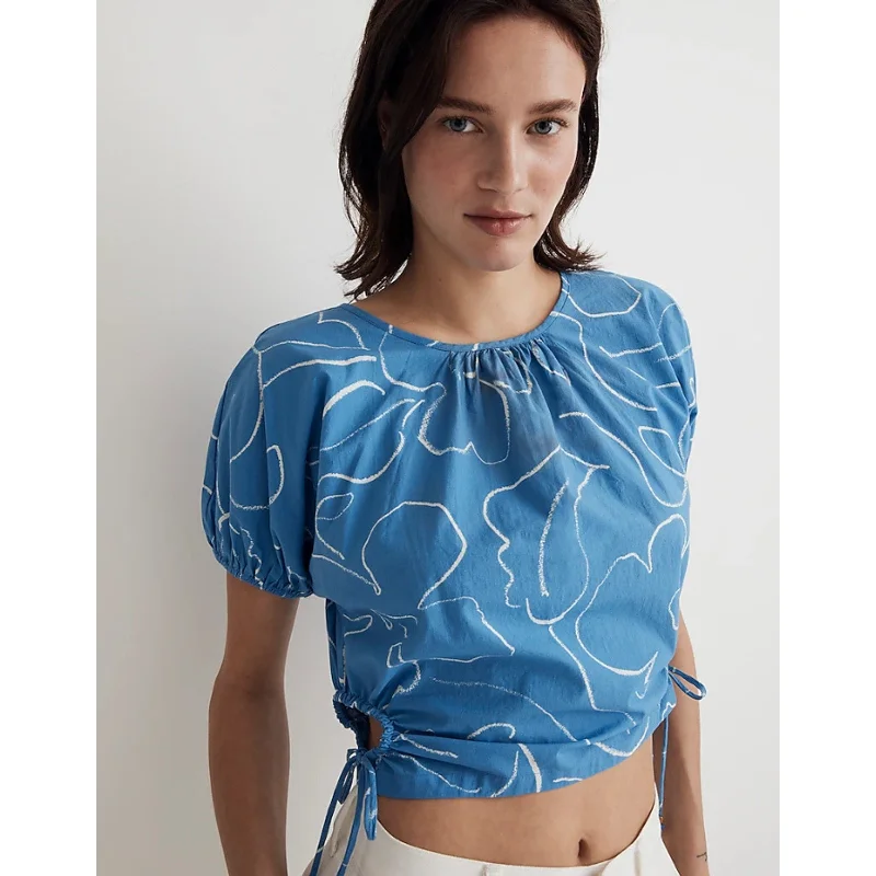 MADEWELL Embroidered Cutout Crop Top XXS Ornamental Blue Poplin Puff-Sleeve NWT