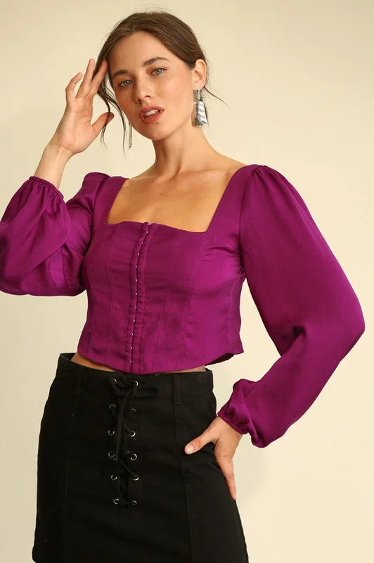 Magenta Satin Square Neck Hook and Eye Crop Top