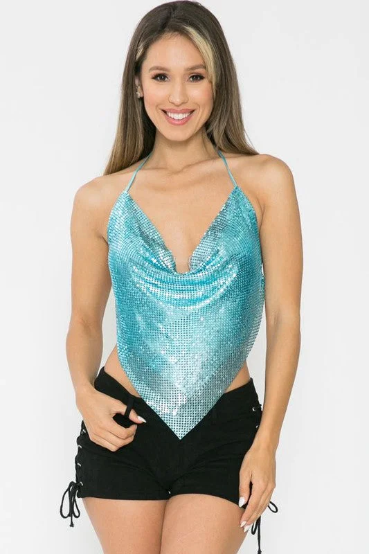 Baby Blue Metal Backless Cowl Neck Crop Top