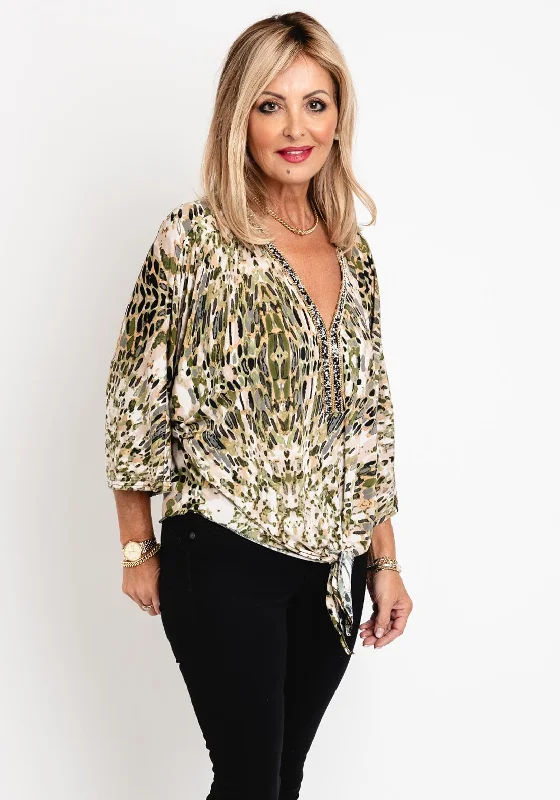 Natalia Collection One Size Embellished V-Neckline Print Top, Khaki