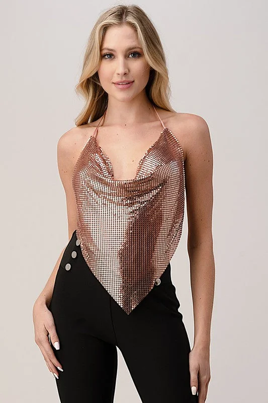 Rose Gold Metal Backless Cowl Neck Crop Top