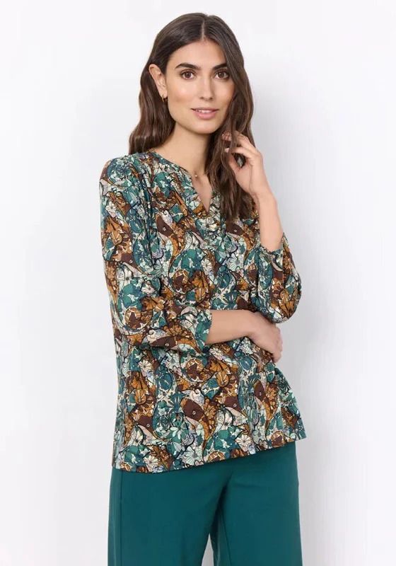 Soyaconcept Marica Floral Print V-Neck Blouse, Dark Green