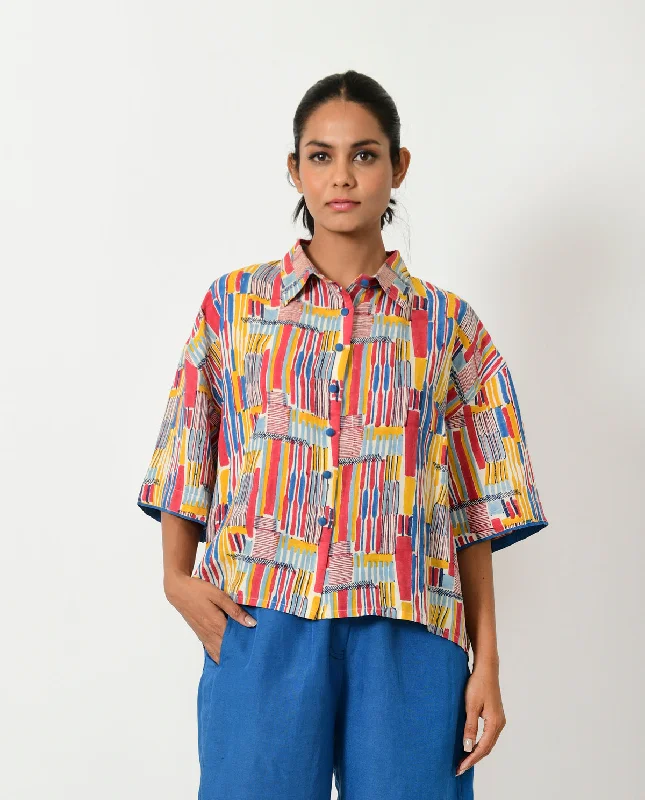 Scribble Hand Block Linen Crop Shirt