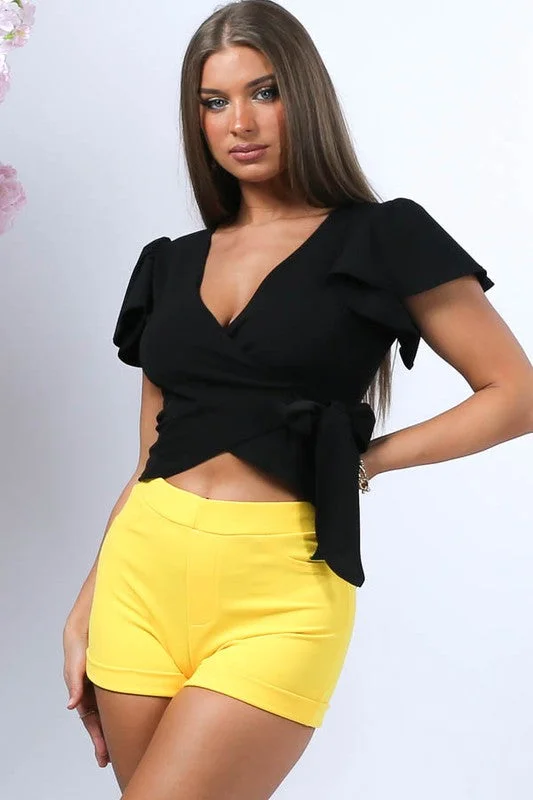 Black Solid Fabric V- Neck Ruffled Sleeves Crop Top