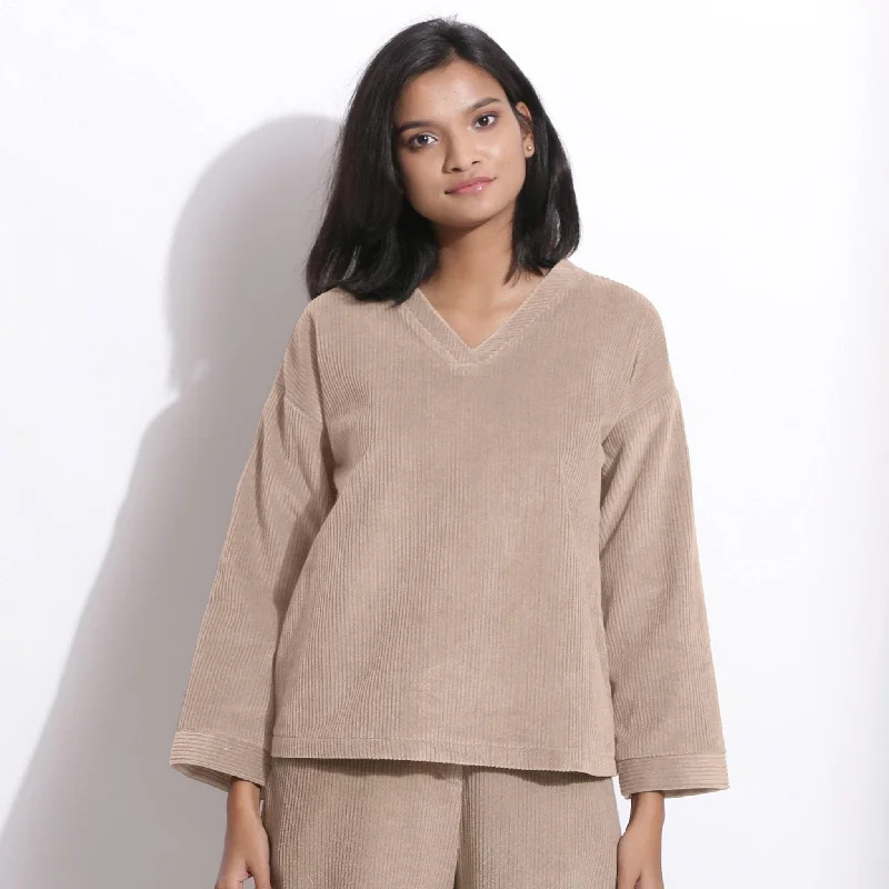 Taupe Beige Warm Cotton Corduroy V-Neck Top