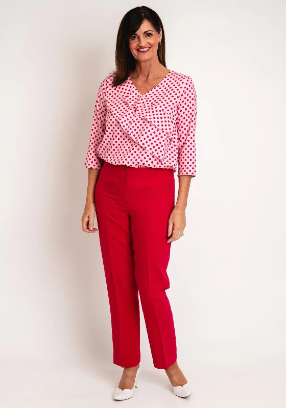 Via Veneto V-Neck Spotty Frilled Blouse, Crimson