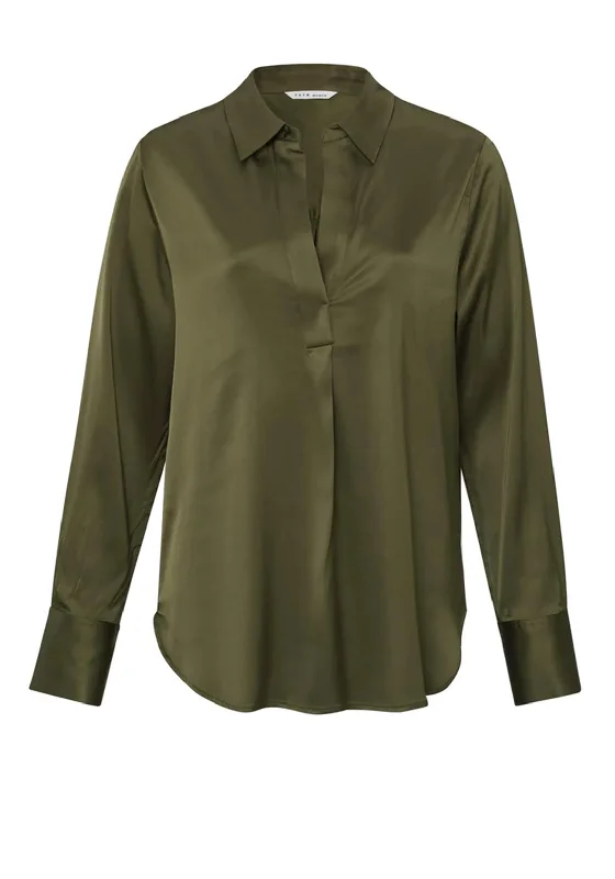 YAYA V-Neck Satin Blouse, Dark Army Green