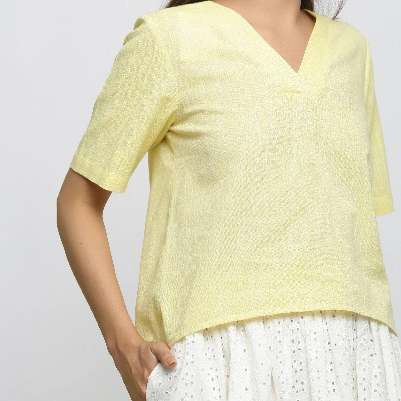 Yellow Yarn Dyed Cotton V-Neck High-Low Top