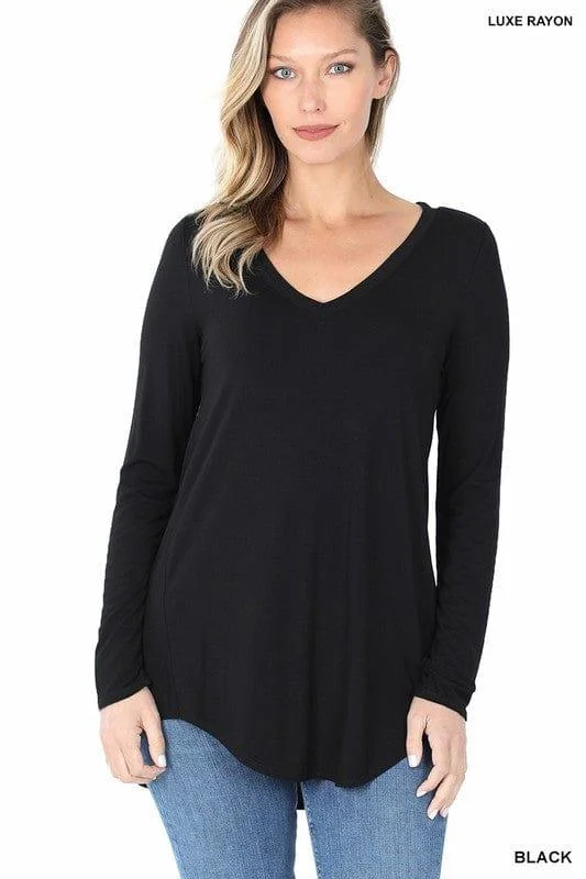 V-Neck Solid Long Sleeve T  Black