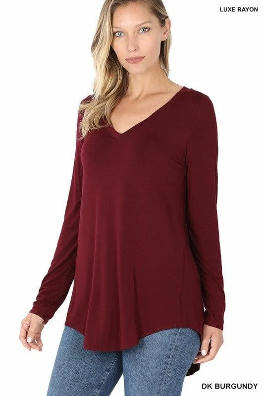 V-Neck Solid Long Sleeve T -Burgundy