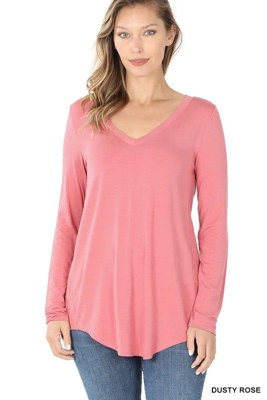 Women's V-Neck Solid Long Sleeve T -Dusty Rose