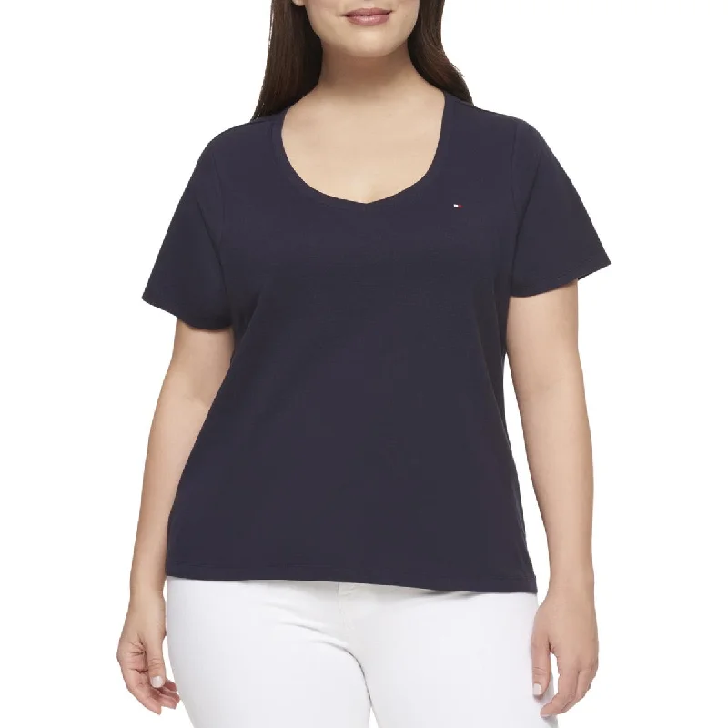 Plus Womens Ribbed Trim V-Neck Casual Top