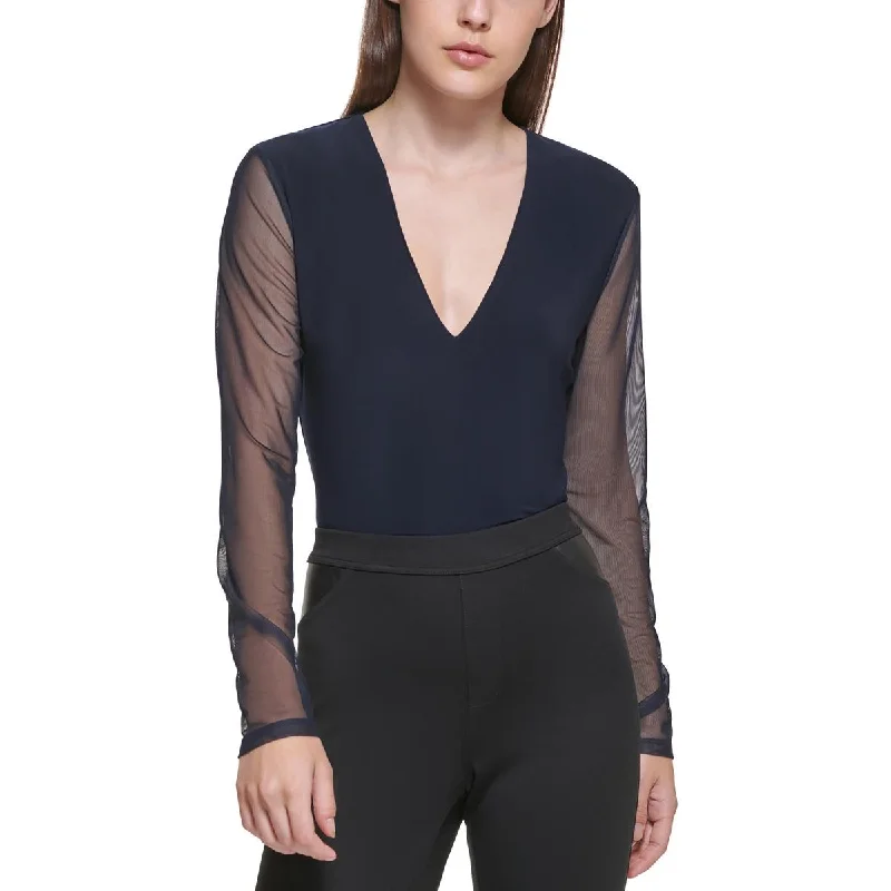 Womens Sheer Sleeve V-Neck Bodysuit